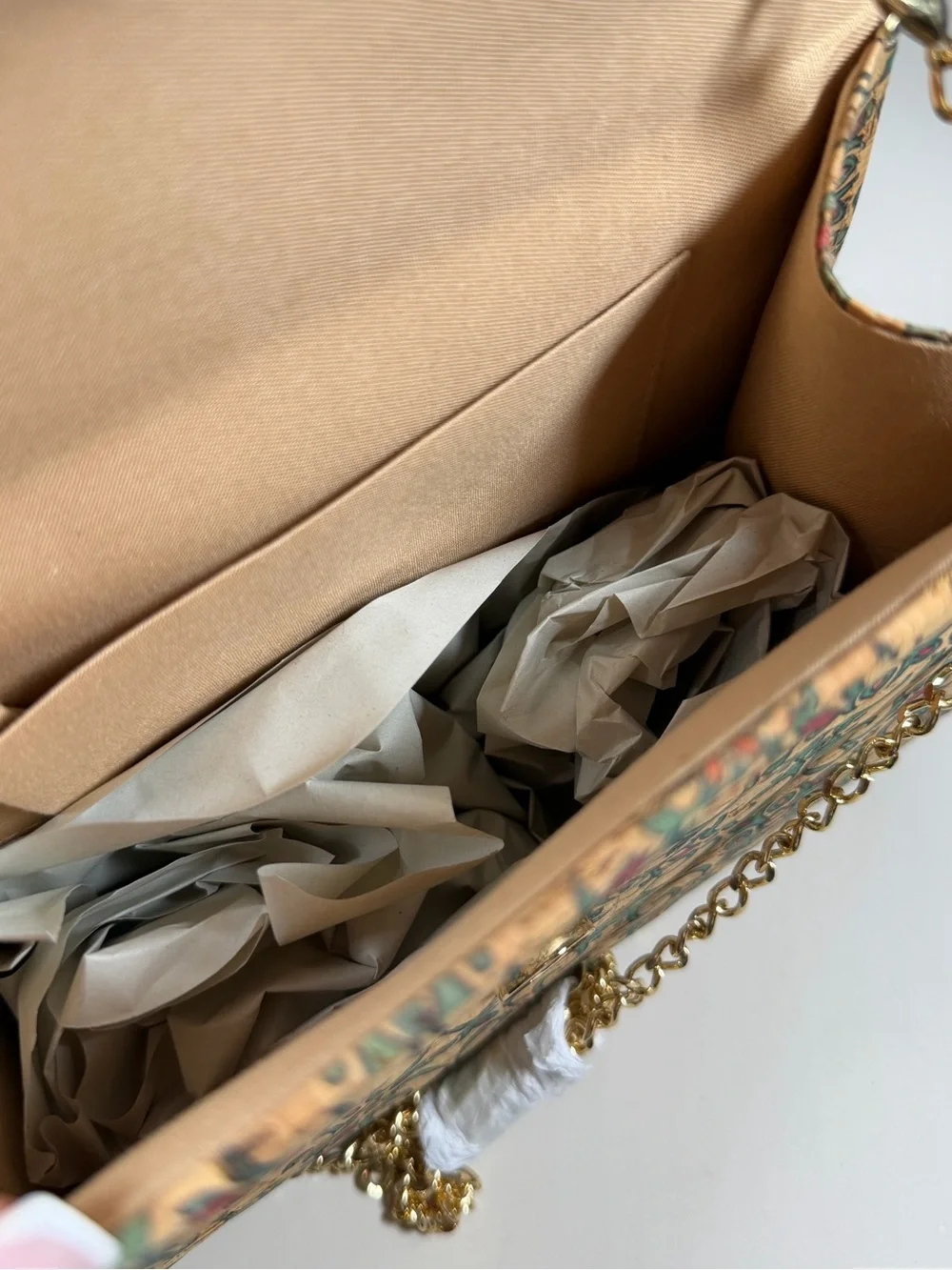 Unk Beige Patterned Bamboo-Handle Crossbody Bag with Gold Chain